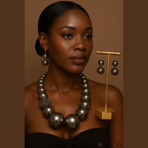 Elegant Grey Large Beaded Necklace & Earring Set.